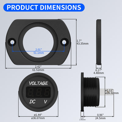 DS4010+DS2 DC 12V 24V Car LED Digital Display Voltmeter Panel Dimensions