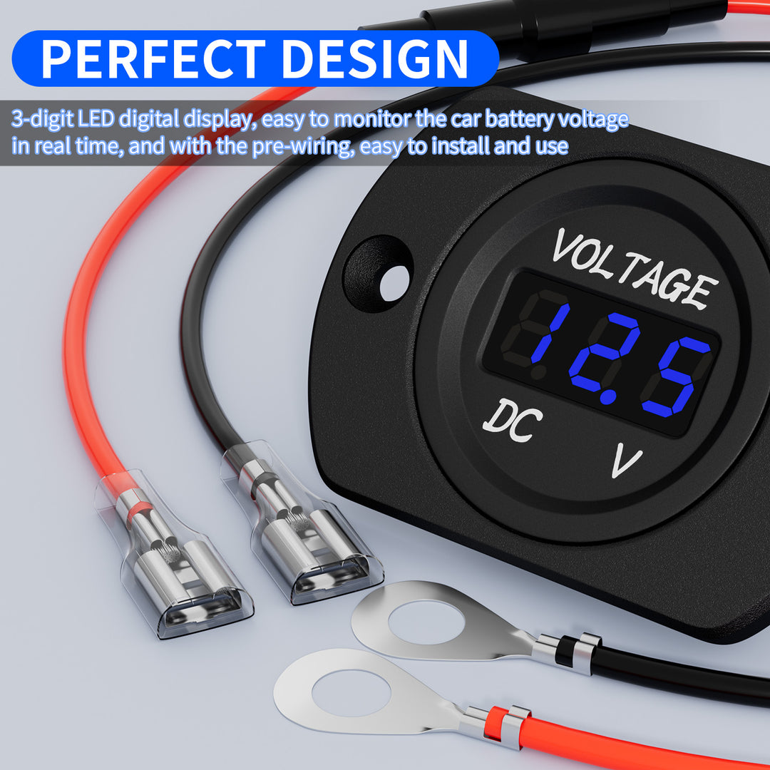 Voltmetro Digitale LED DC 12V 24V Con Display Blu, Impermeabile, Per Auto, Moto, Camper, Barca – Montaggio Da 1-1/8″ - 2