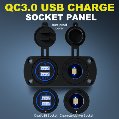 Pre-wired Dual QC3.0 USB Charger and Cigarette Lighter Socket Panel - DAIER