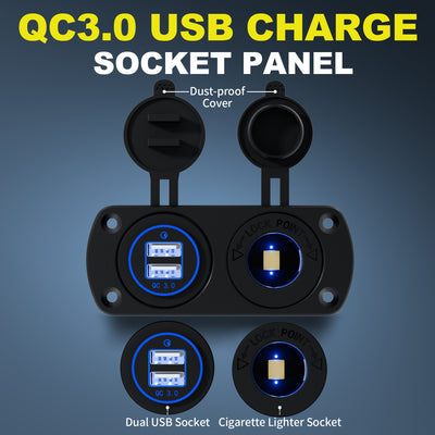 Pre-wired Dual QC3.0 USB Charger and Cigarette Lighter Socket Panel