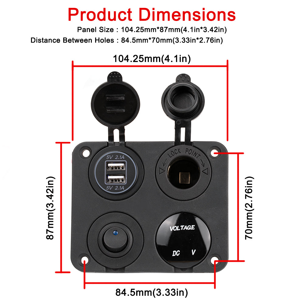 DSF 12V Charger Socket Switch Panel Dimensions