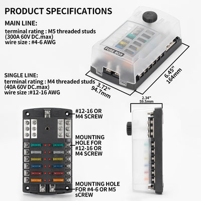 12 Way ATO/ATC Fuse Block with Dual Positive Power Inputs and LED Indicators - DAIER