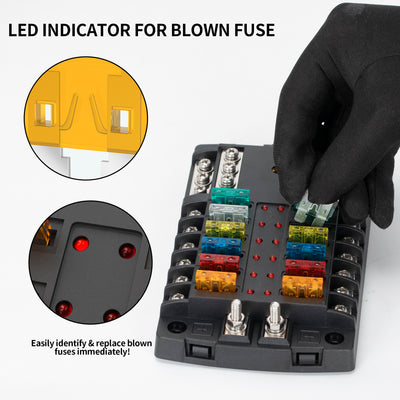 12 Way ATO/ATC Fuse Block with Dual Positive Power Inputs and LED Indicators