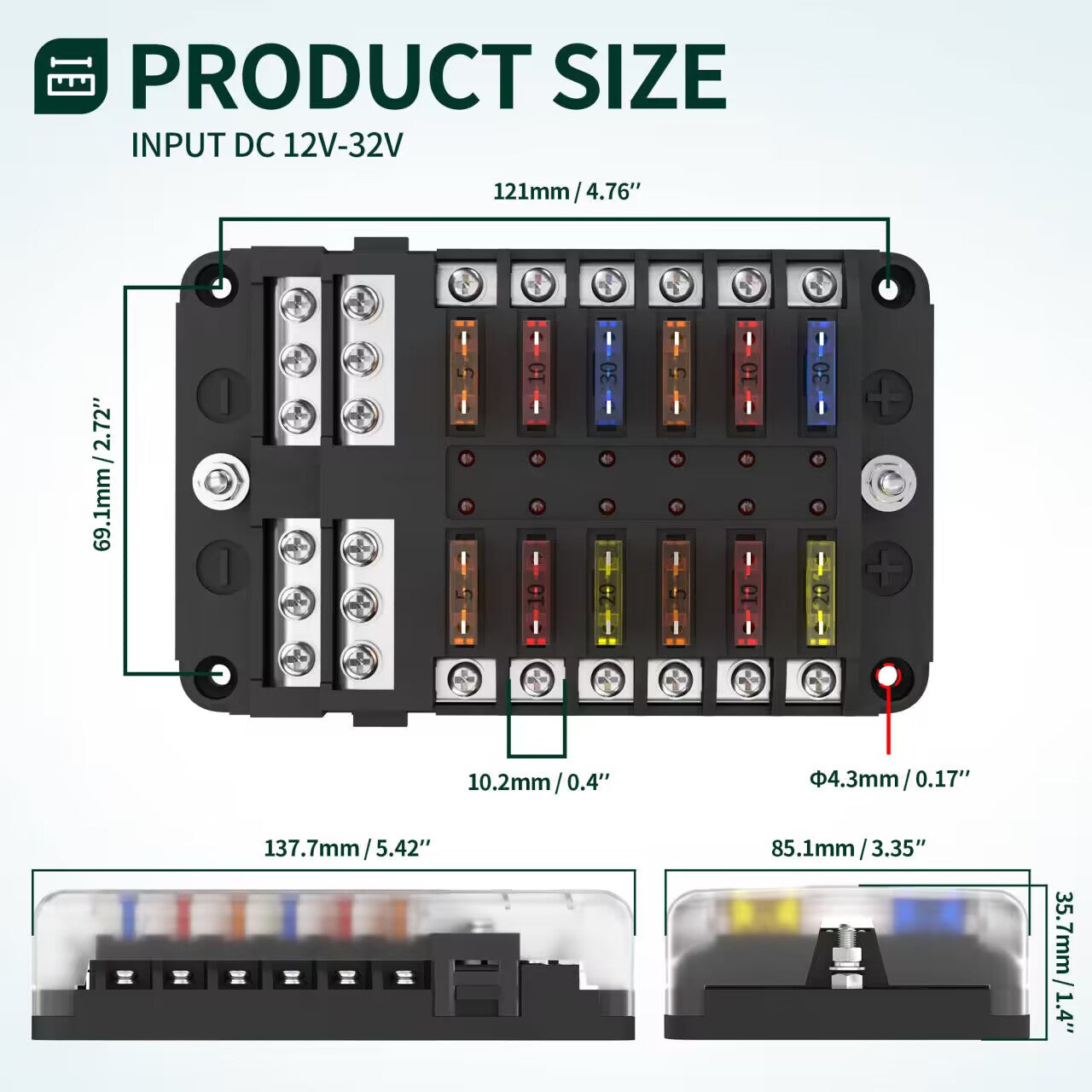 12 Way 12V 24V ATC/ATO Blade Fuse Block with LED Indicator