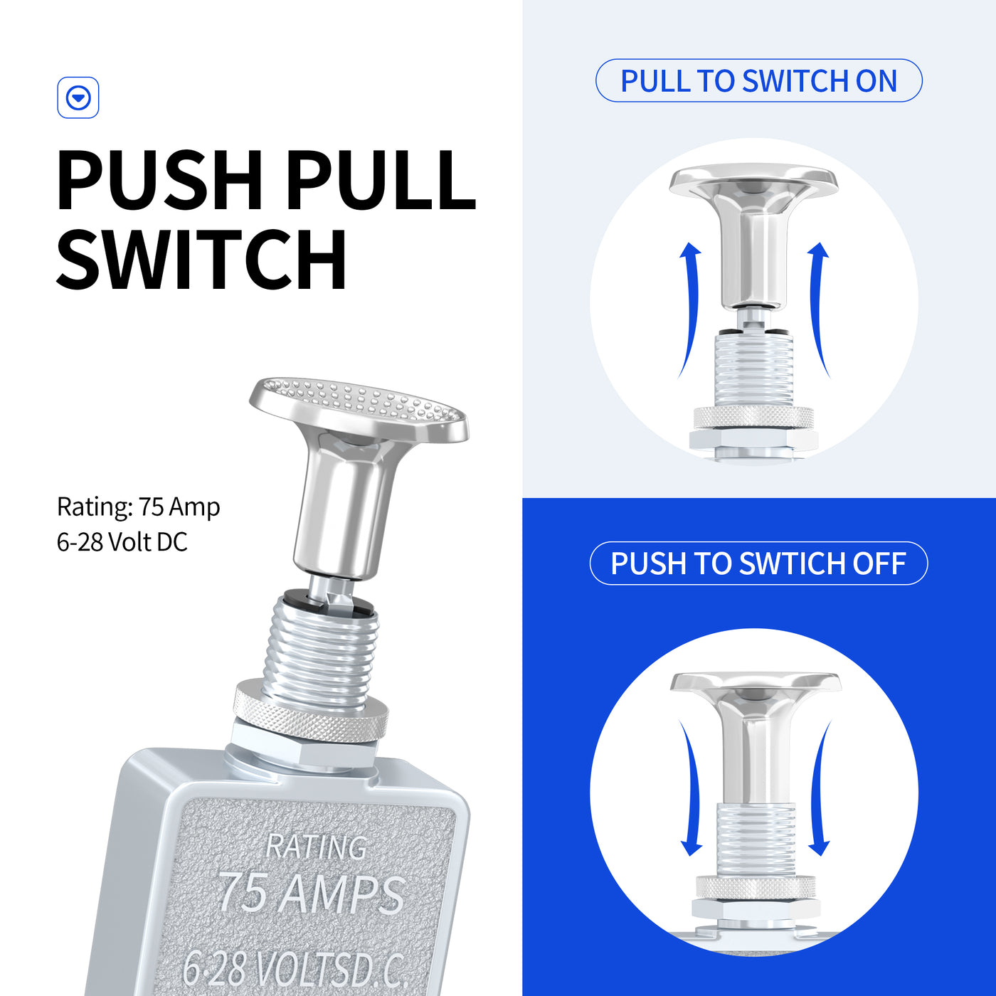 Heavy Duty 75 Amp 6-28V DC ON-OFF Push Pull Switch with Chrome-Plated ...