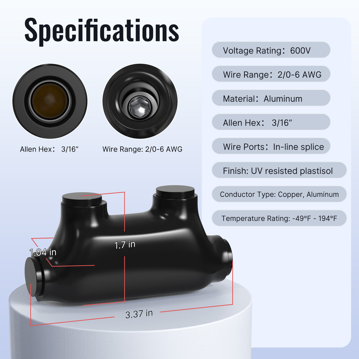 ITC-101-2 0AWG 2 0-6 Gauge Insulated In-line Entry Splice Wire Connector Specification