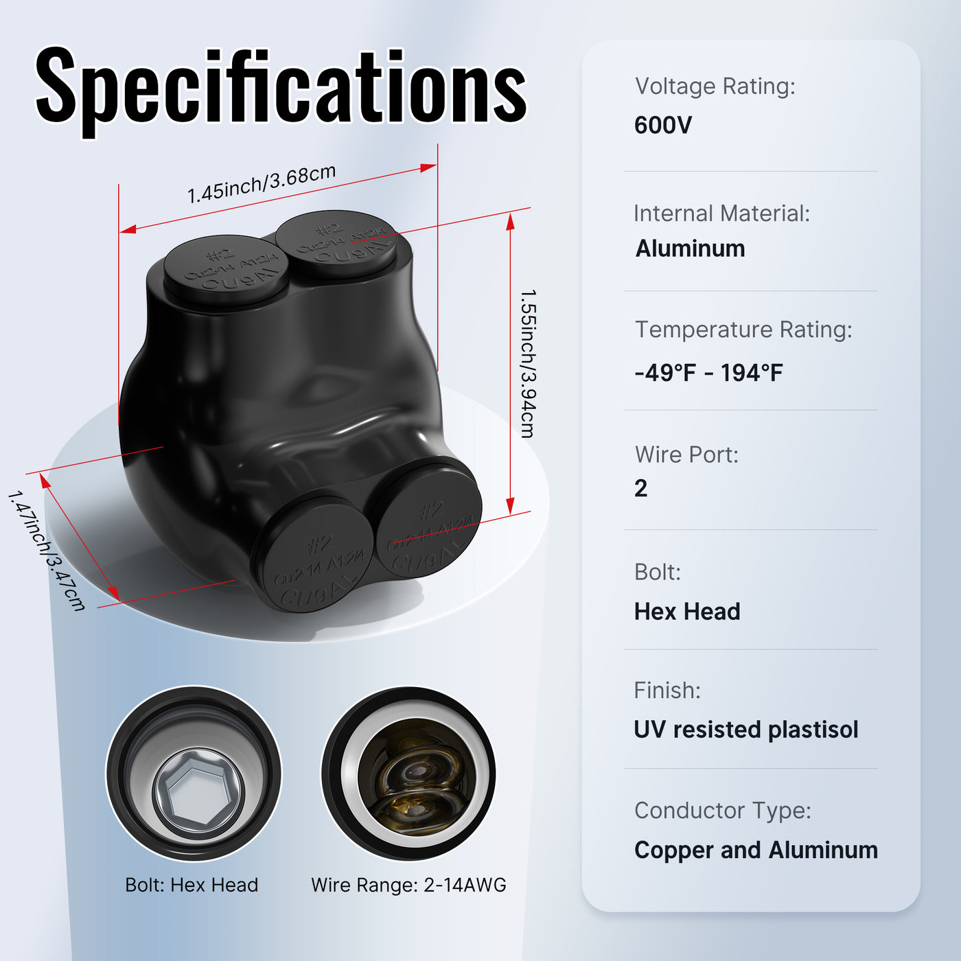 2-14 AWG 2-Port Aluminum to Copper Single-Side Multi-Tap Pre-Insulated Connector