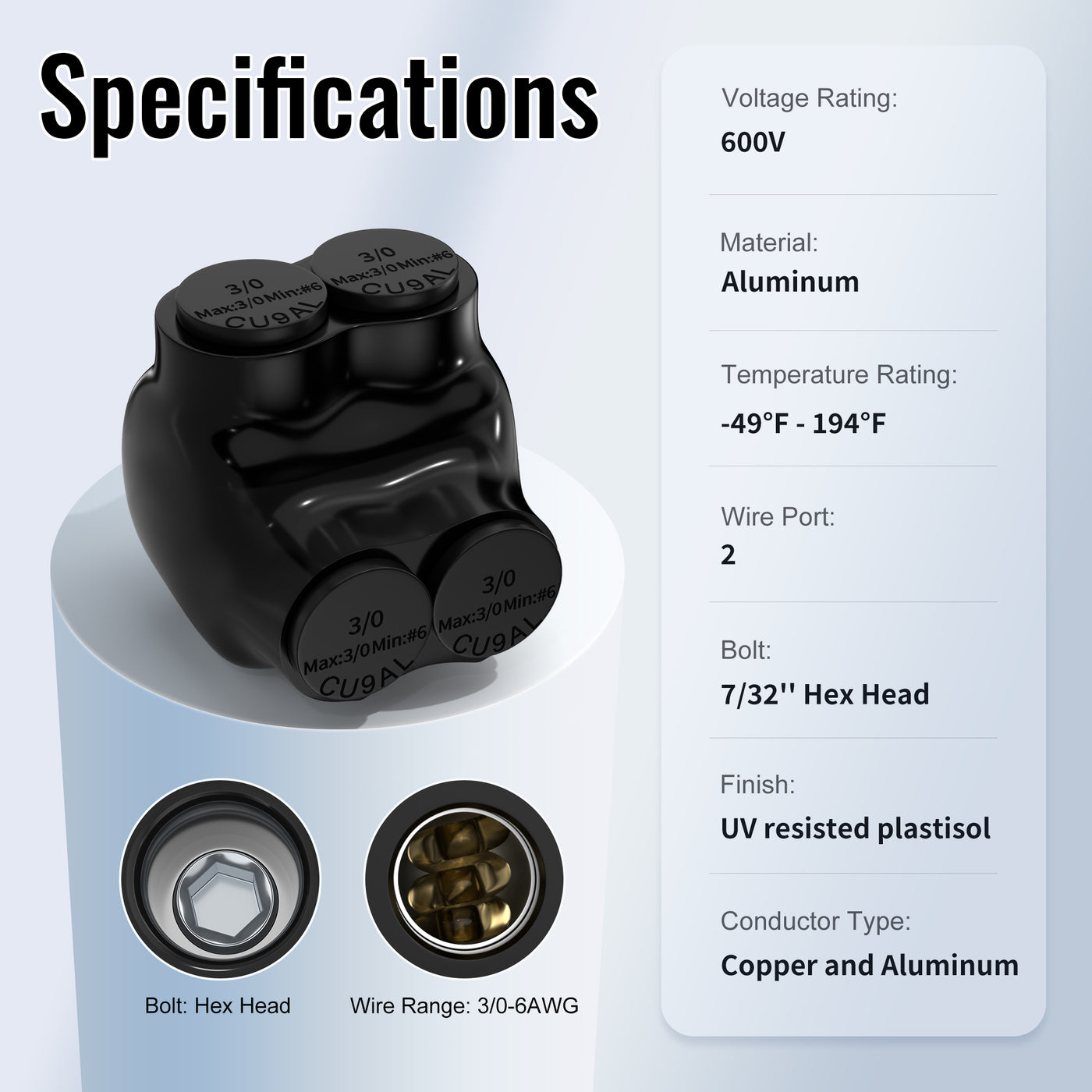 3/0 AWG - 6 AWG 2-Port Single-Sided Entry Insulated Splice Connector for Aluminum and Copper Wire
