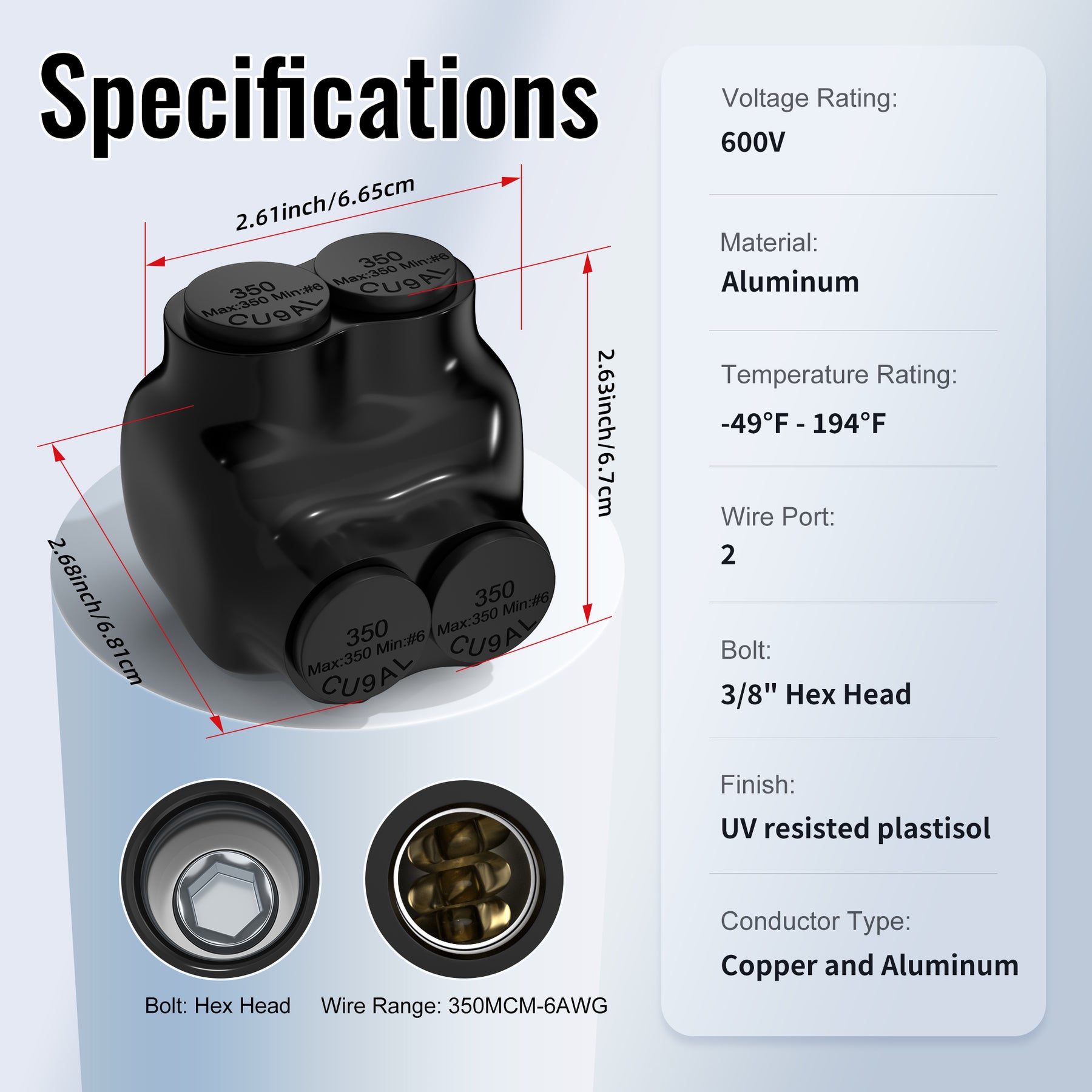 350MCM to 6AWG 2-Port Single-Sided Entry Pre-Insulated Wire Connector ...