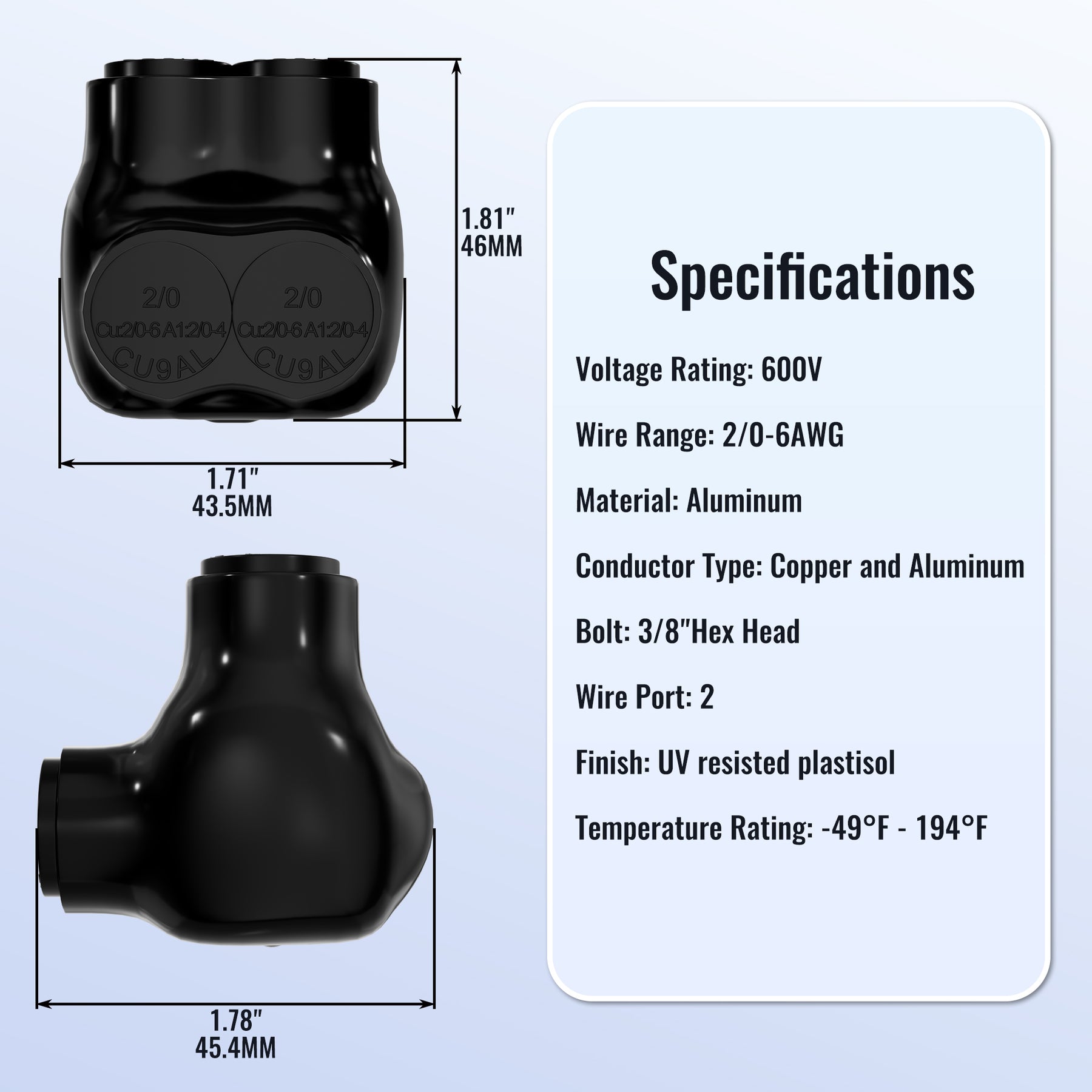 Multi Tap Block 2/0 AWG - 6 AWG 2 Port Single-Sided Entry Multi Tap Connector for Copp ...