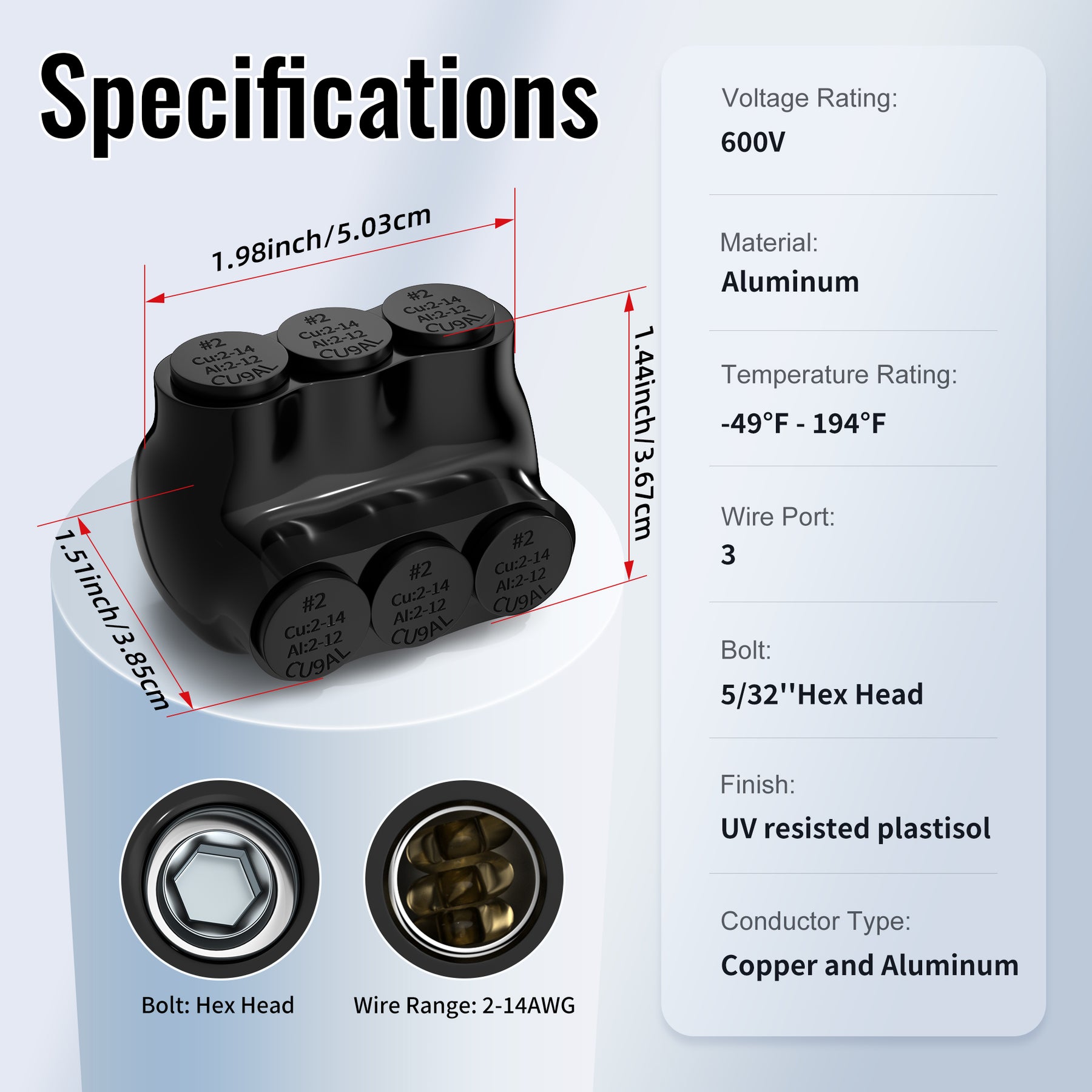 2 AWG - 14 AWG 3-Port Single-Sided Entry Insulated Multi-Tap Connector ...