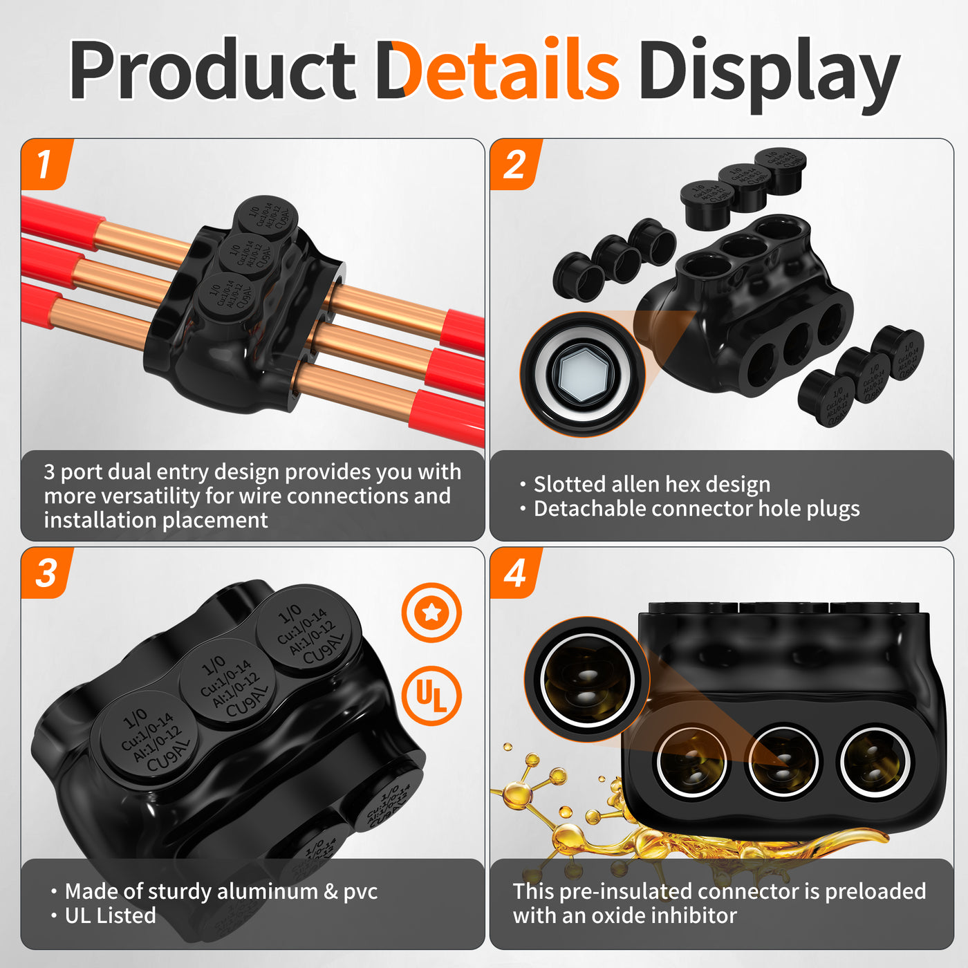 1/0 AWG - 14 AWG 3 Port Dual Entry Pre-Insulated Multi-tap Wire Connector