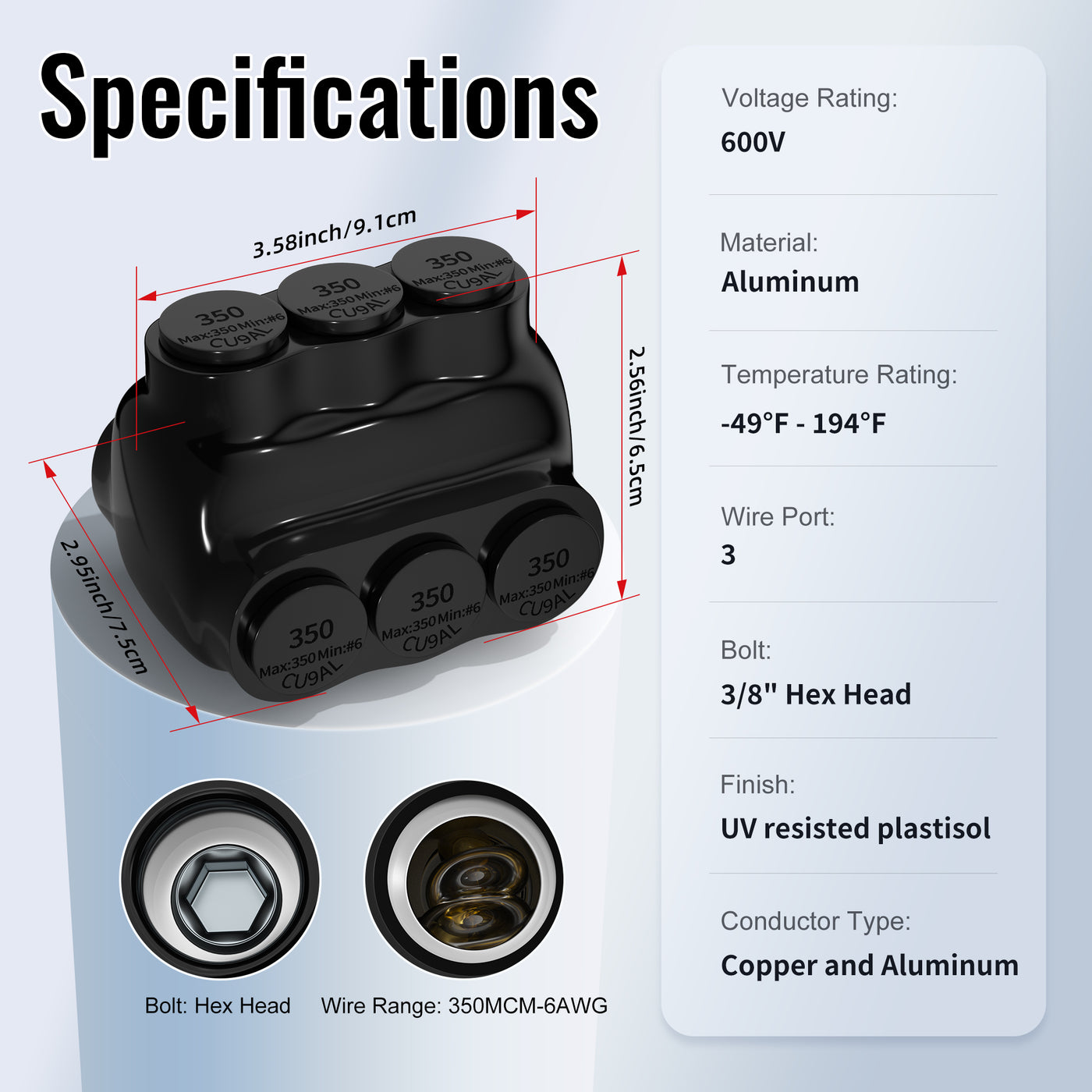 350 MCM - 6 AWG 3-Port Dual-Sided Entry Multi-Tap Pre-Insulated Connector