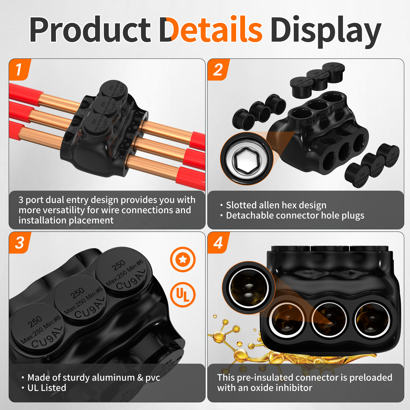 250 MCM - 6 AWG 3 Port Dual-Sided Entry Pre-insulated Multi-tap Connector