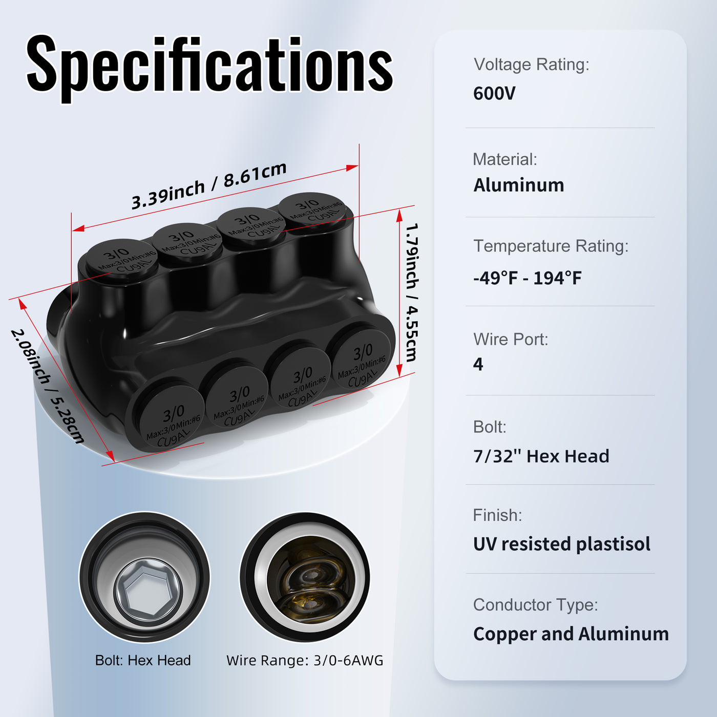 3/0 AWG - 6 AWG 4 Port Dual-Sided Entry Insulated Multi Tap Connector