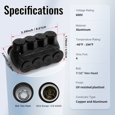 3/0 AWG - 6 AWG 4 Port Dual-Sided Entry Insulated Multi Tap Connector