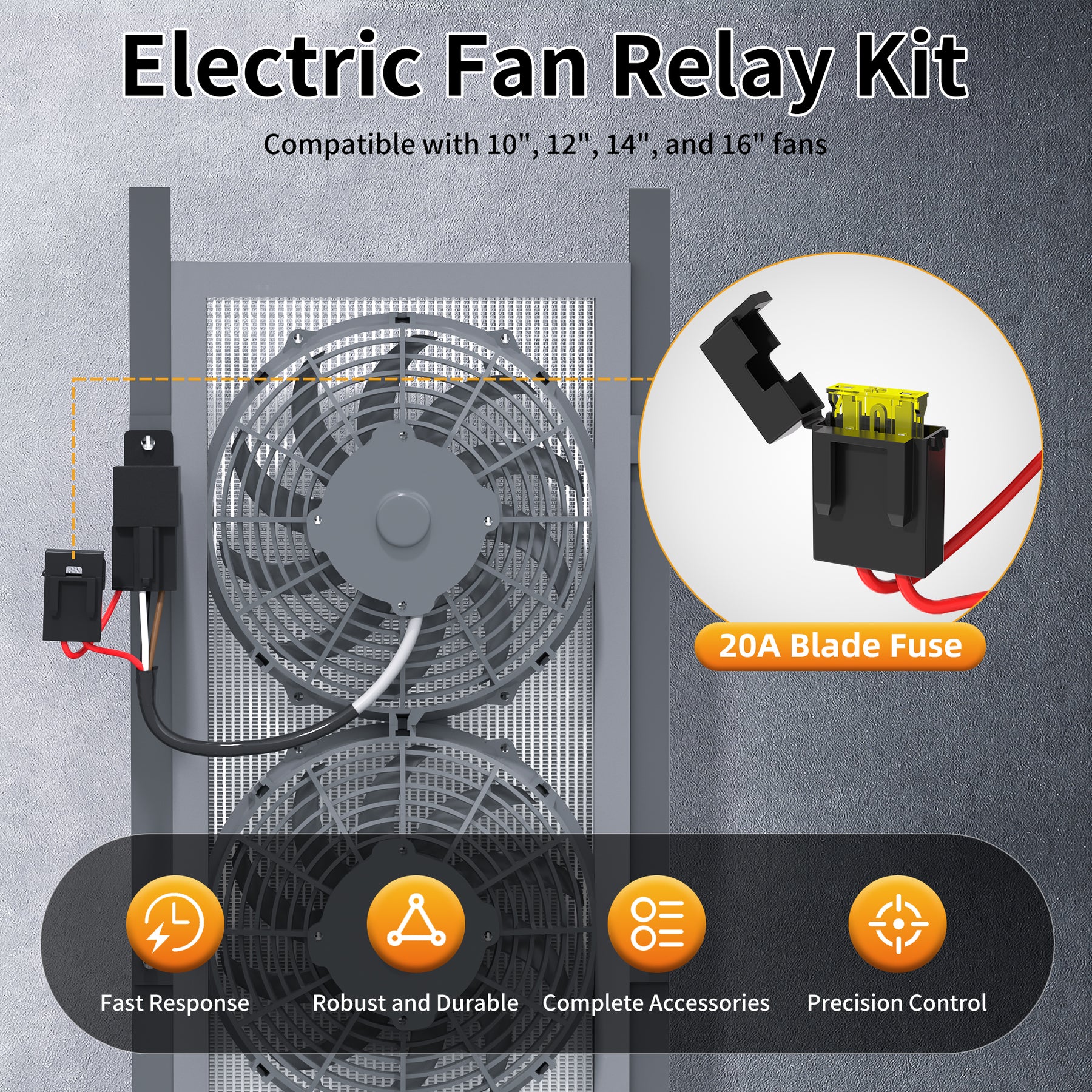 185/175 Electric Fan Relay Wiring Harness Kit – 40 Amp Thermostat Sensor For Single 14" Fan