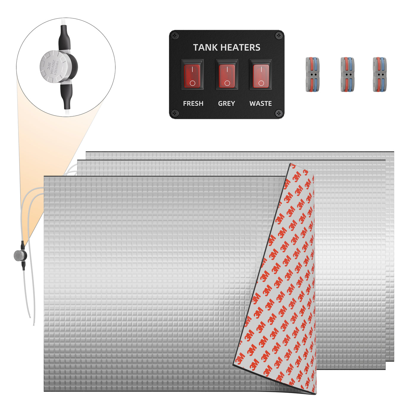 3-Pack RV Tank Heater Pad Kit with Automatic Thermostat | 12V, 40W Pads with 3-Gang Switch Panel for Camper, Trailer