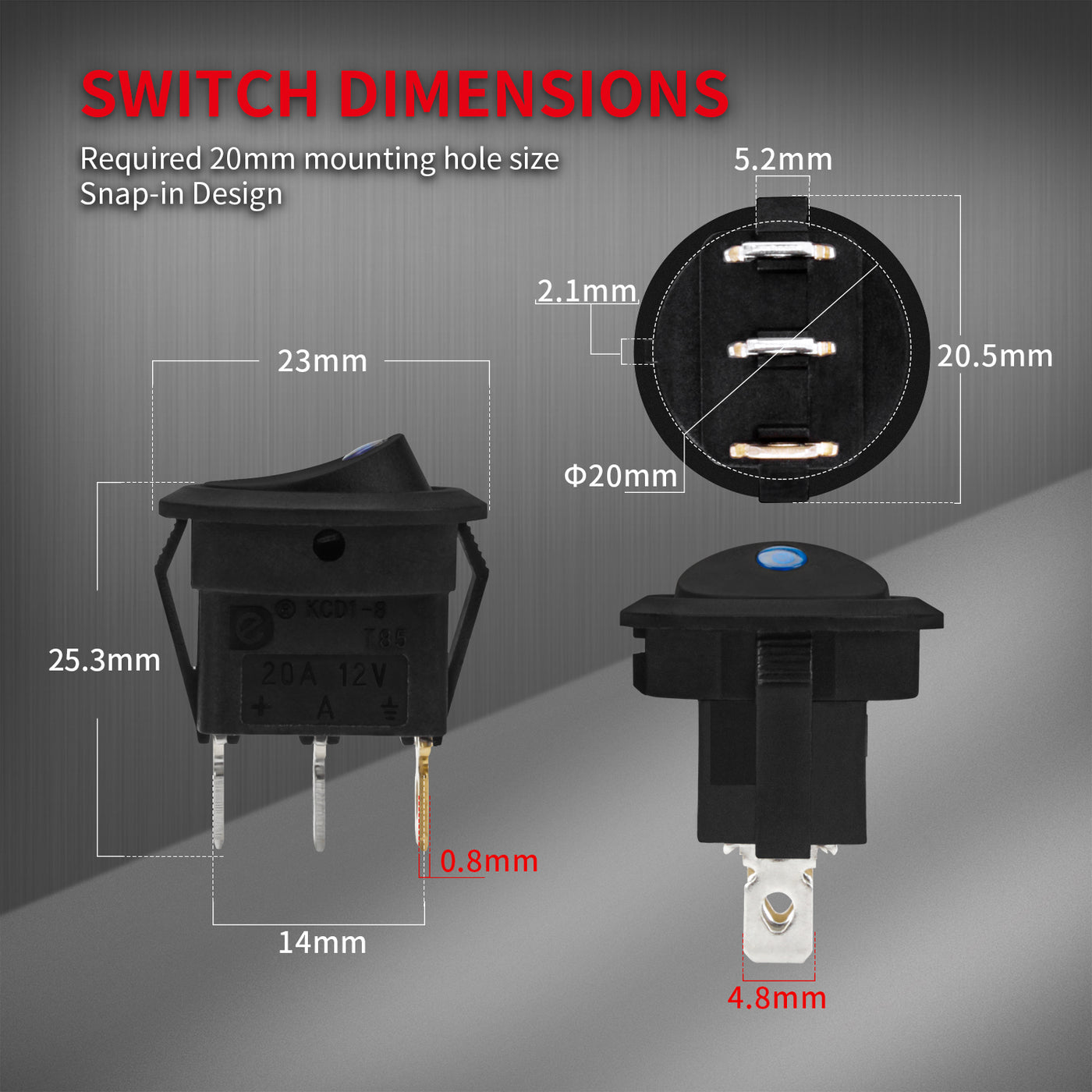 KCD1-8-101EN 12V 20A ON-OFF Round LED Dot Lighted Rocker Switch Dimension