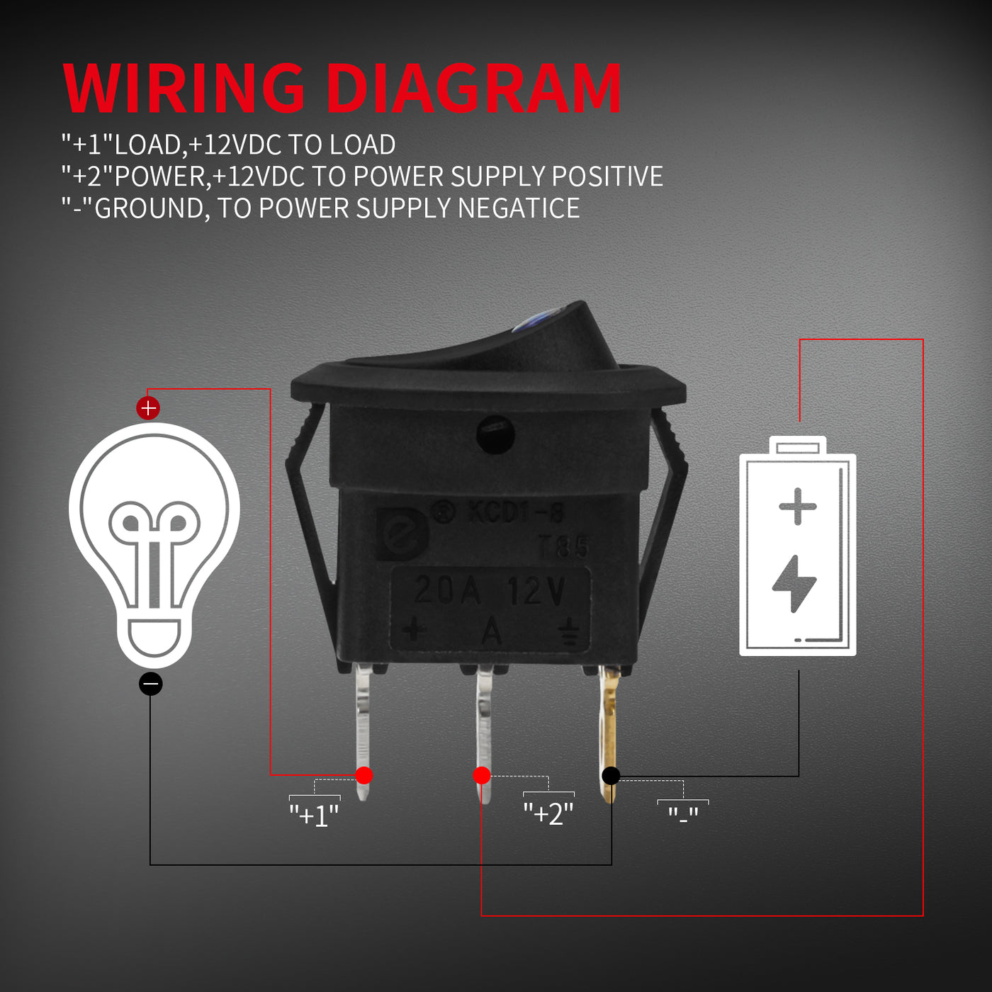 KCD1-8-101EN 12V 20A ON-OFF Round LED Dot Lighted Rocker Switch Wiring Diagram