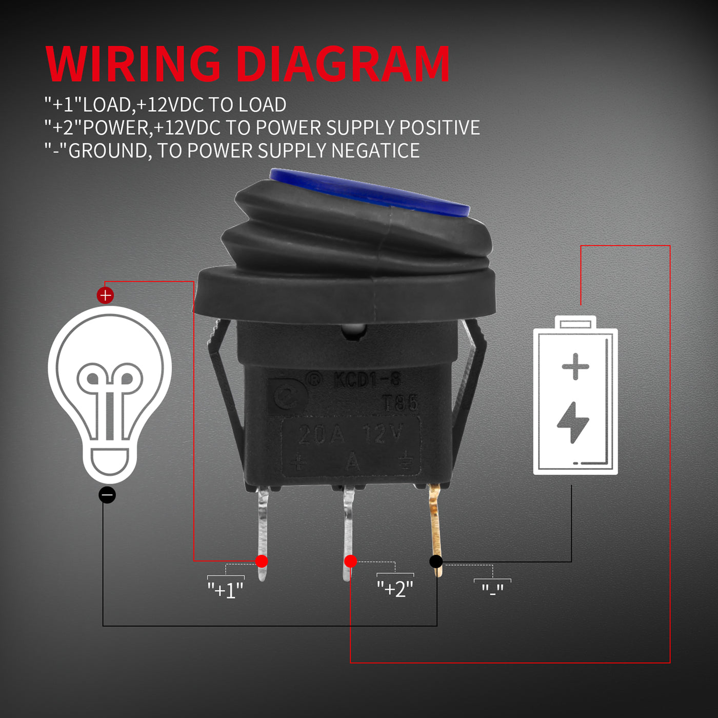 KCD1-8-101NW 20A 12VDC Round Rocker Switch Wiring Diagram