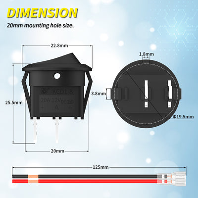 KCD1-8-101 20MM 20A 12VDC Round Rocker Switch Dimension