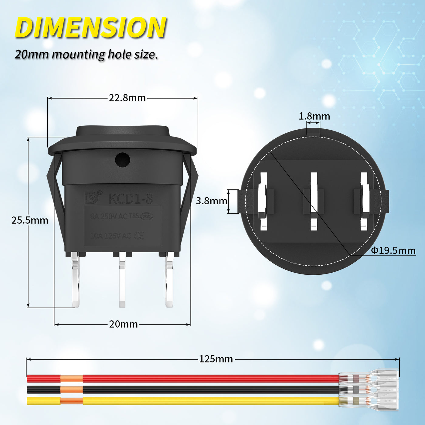 KCD1-8-103 3 ON-OFF-ON Round Rocker Switch Dimension