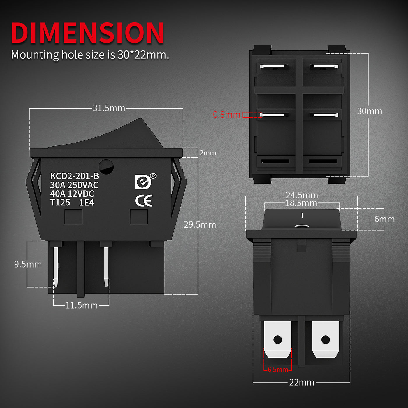 KCD2-201-B 40A 12VDC KCD4 Rocker Switch Dimension