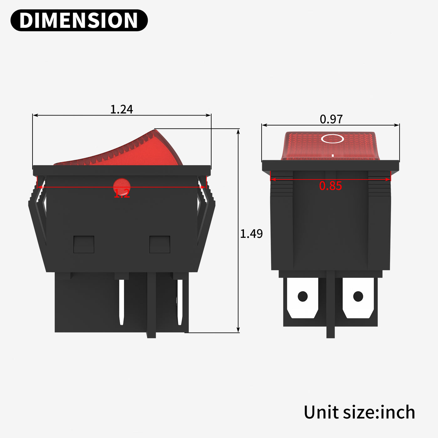 KCD2-201N-B-R12V 12V 30A DPST 4Pins Rocker Switch Dimension