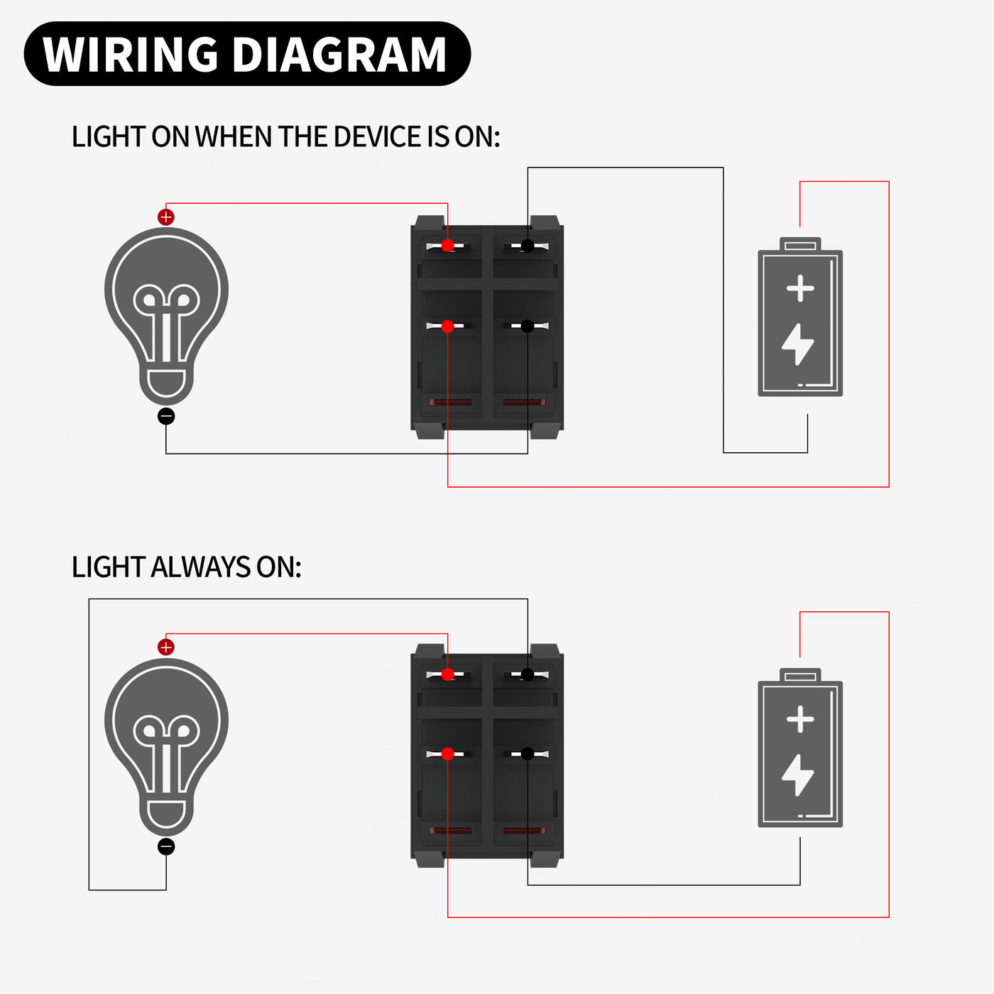 KCD2-201N-B-R12V DPST 4Pins Rocker Switch Wiring Diagram