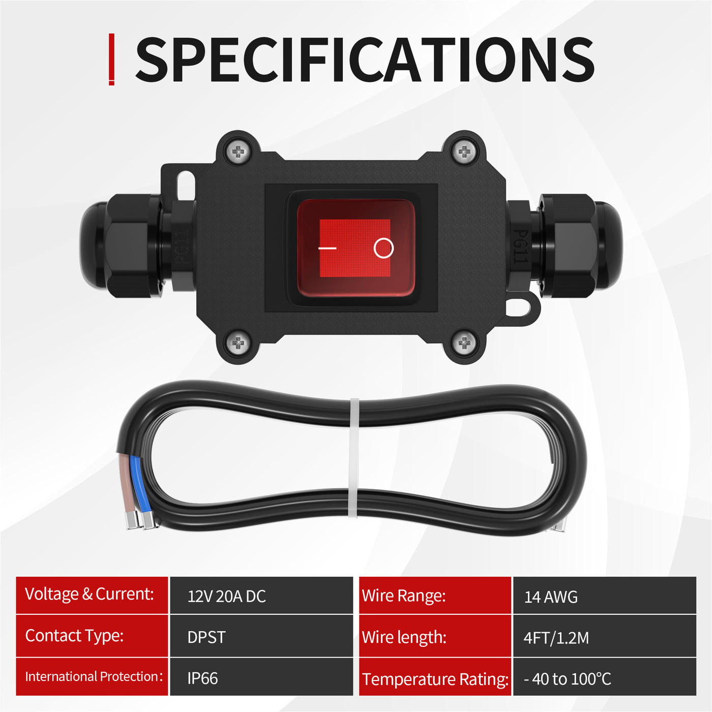 12V DC 30A ON-OFF IP66 Waterproof Inline Cord Switch with Red Light – DAIER