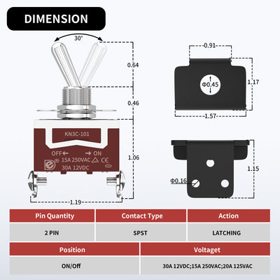KN3C-101AA_WPC-06_DS-S1-T 12mm SPST ON OFF Toggle Switch Dimension