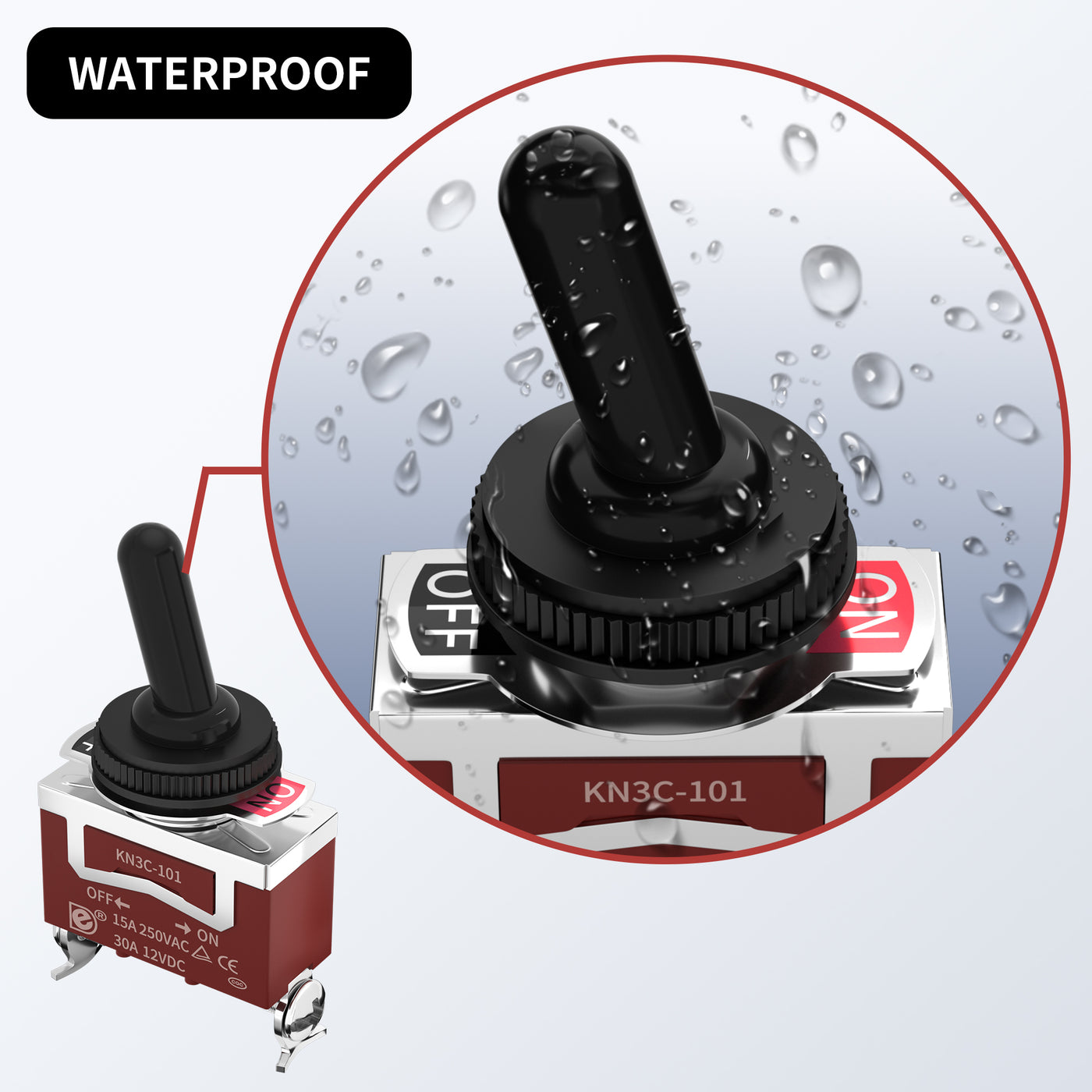 KN3C-101AA_WPC-06_DS-S1-T Waterproof 12mm SPST ON OFF Toggle Switch with Mounting Bracket and Cover