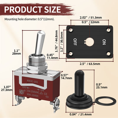 KN3C-101AA+WPC-06+DS 30A 12VDC SPST Latching Toggle Switch Size