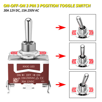 KN3C-103+WPC-06 30A 12VDC SPDT ON-OFF-ON 3 Pin 3 Posttion Toggle Switch