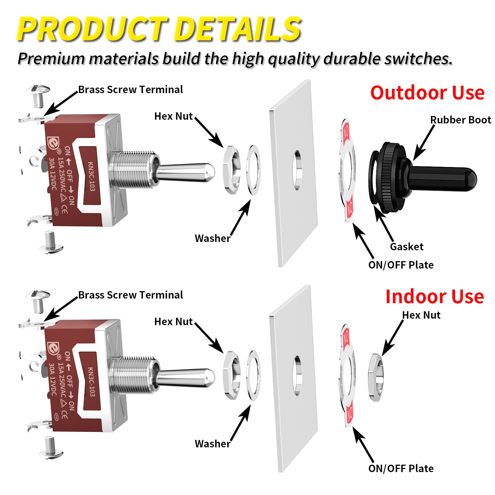 30A 12V SPDT Toggle Switch | ON-OFF-ON 3-Pin with Cover | DAIER