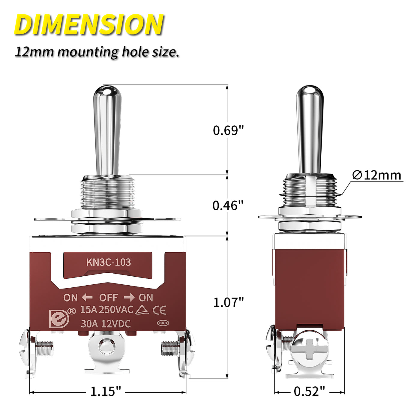 KN3C-103+WPC-06 30A 12VDC SPDT ON-OFF-ON 3 Pins Toggle Switch Dimension