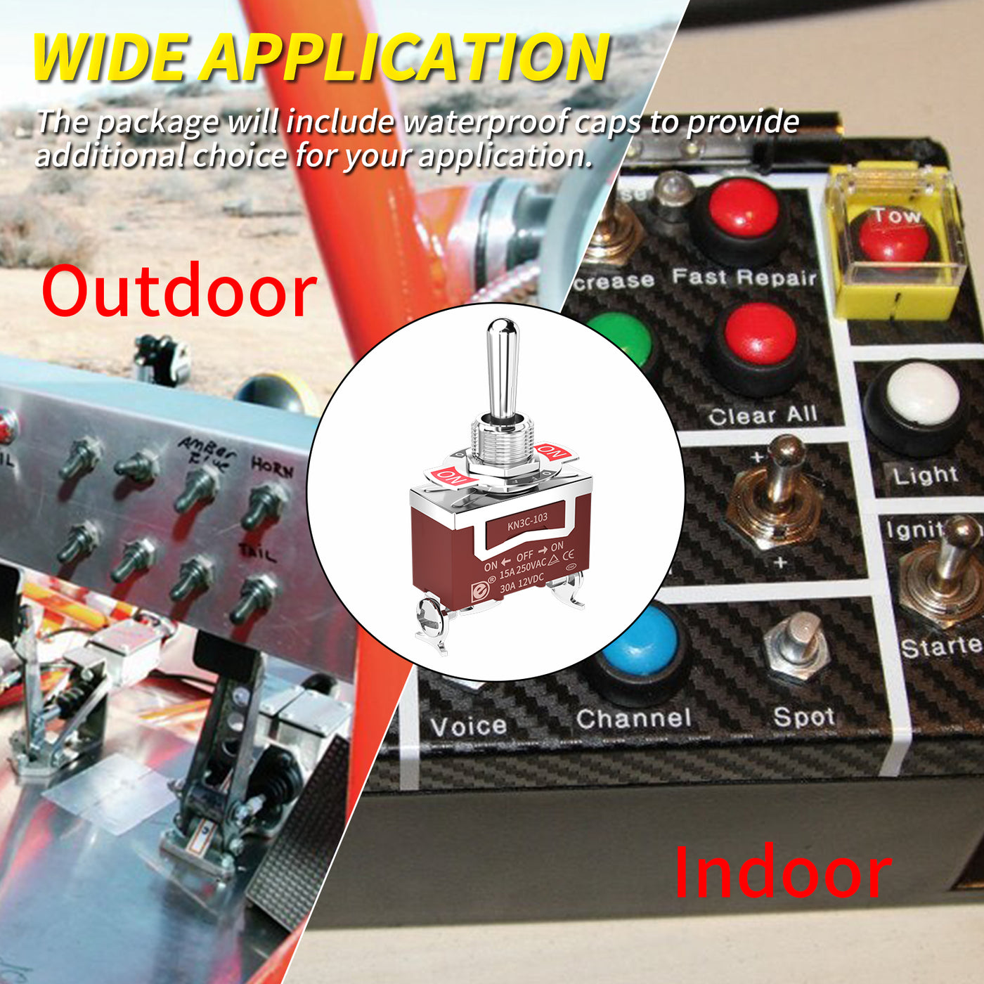 KN3C-103+WPC-06 30A 12VDC SPDT ON-OFF-ON 3 Pins Toggle Switch Wide Application