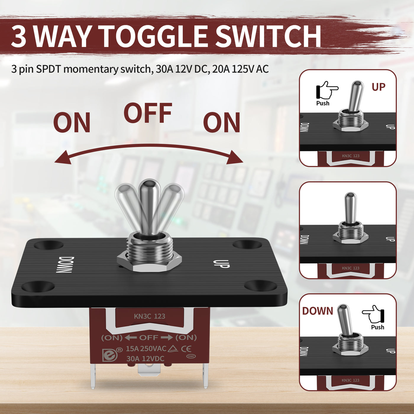 30A 12VDC SPDT 3 Way Momentary Toggle Switch with Plate and Cover