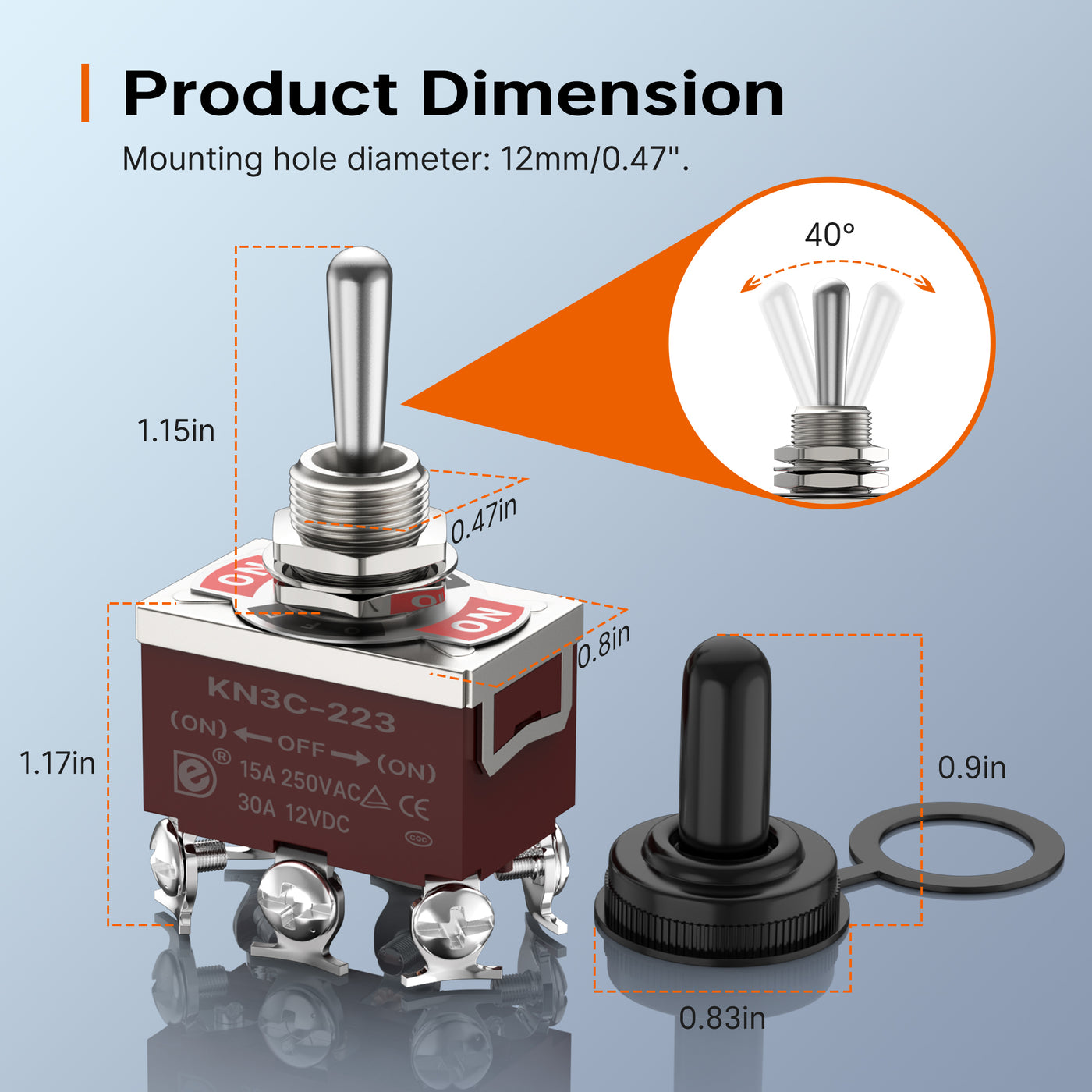 KN3C-223AA+WPC-06 30A 12VDC Momentary DPDT 6 Pin Toggle Switch Dimenson