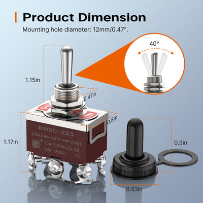 KN3C-223AA+WPC-06 30A 12VDC Momentary DPDT 6 Pin Toggle Switch Dimenson