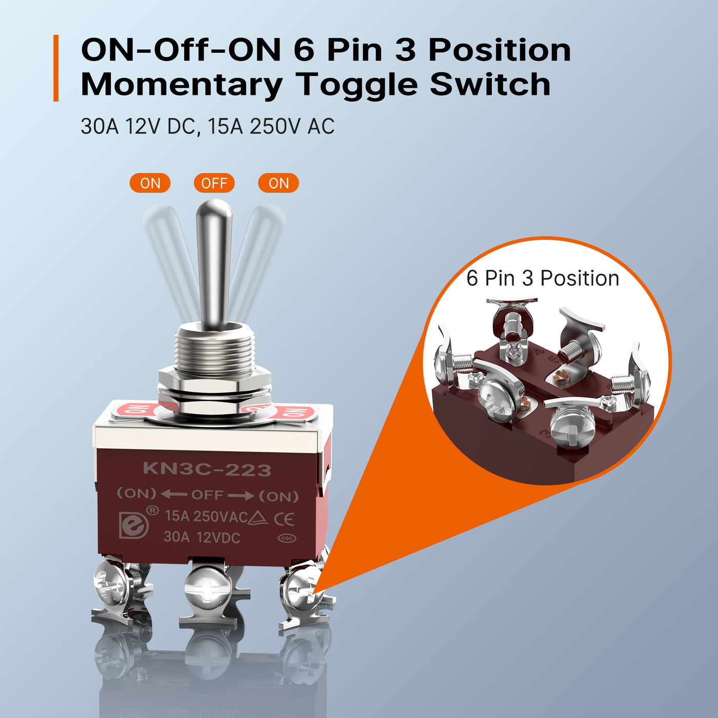 KN3C-223AA+WPC-06 (ON)-OFF-(ON) 6 Pin 3 Position Momentary Toggle Switch Dimension