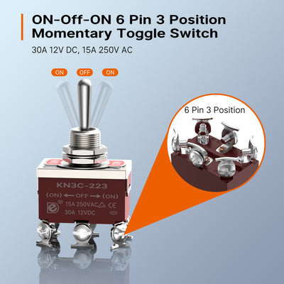 KN3C-223AA+WPC-06 (ON)-OFF-(ON) 6 Pin 3 Position Momentary Toggle Switch Dimension