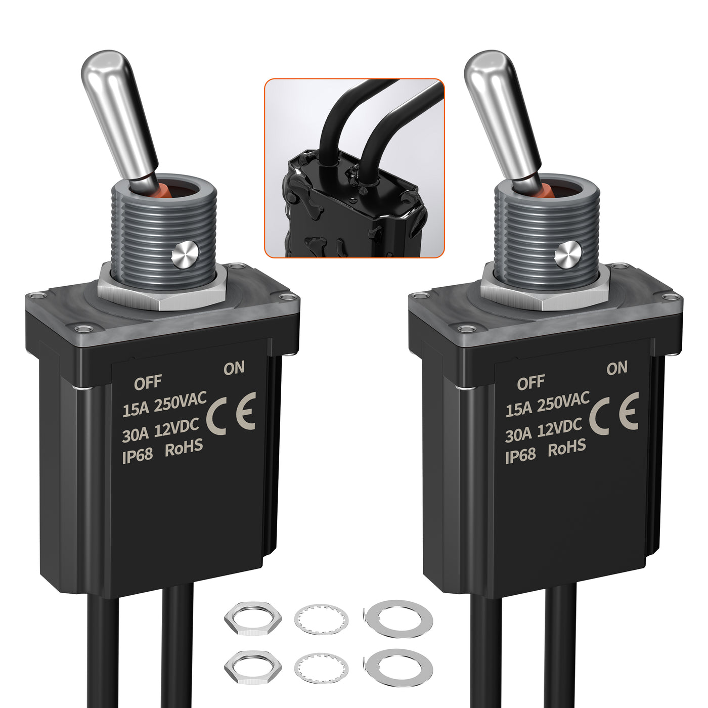 2PC IP68 Waterproof Pre-Wired Toggle Switch - 30A 12VDC SPST ON-OFF 2 Pin
