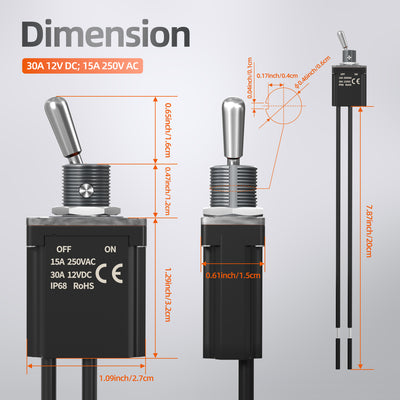 2PC IP68 Waterproof Pre-Wired Toggle Switch - 30A 12VDC SPST ON-OFF 2 Pin