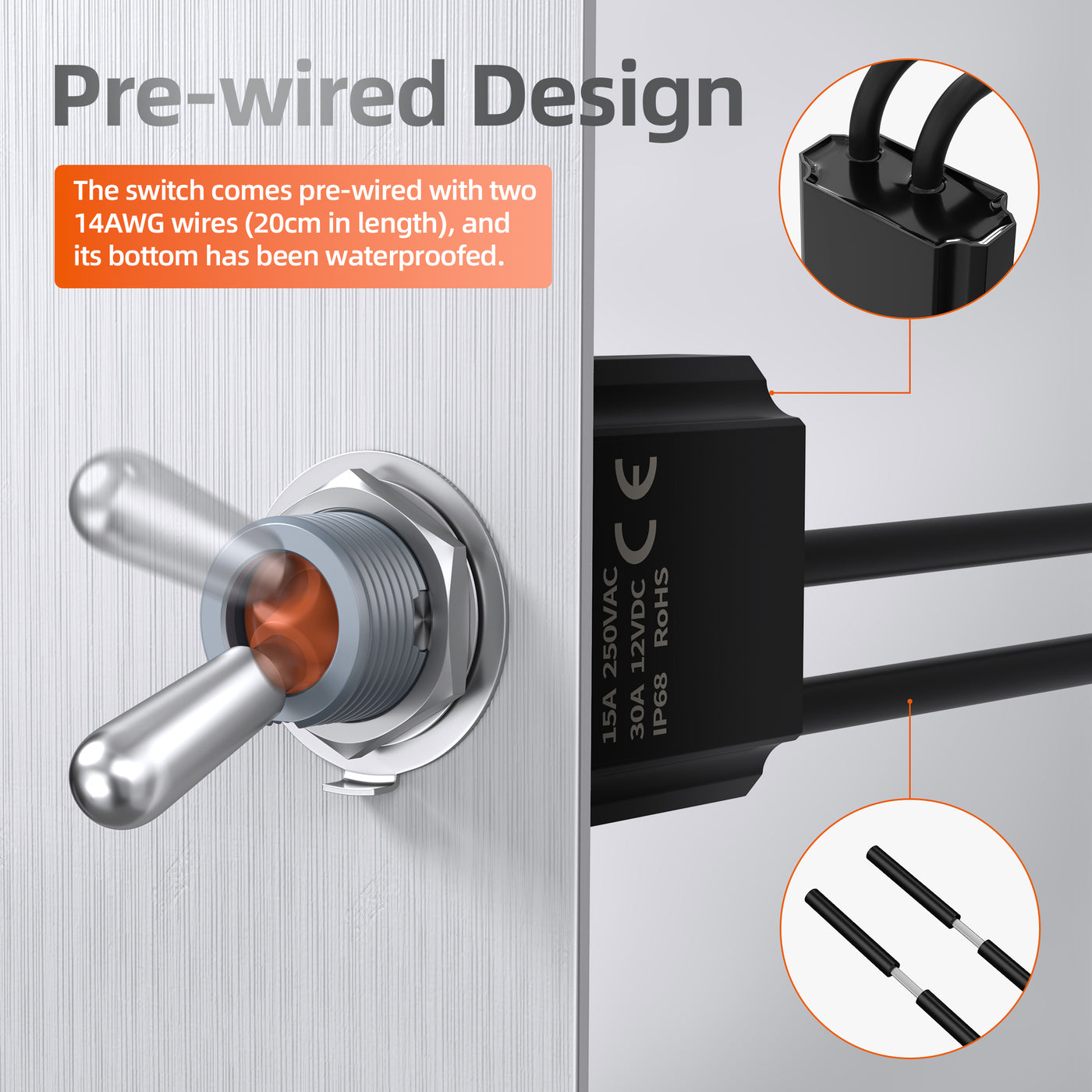 2PC IP68 Waterproof Pre-Wired Toggle Switch - 30A 12VDC SPST ON-OFF 2 Pin