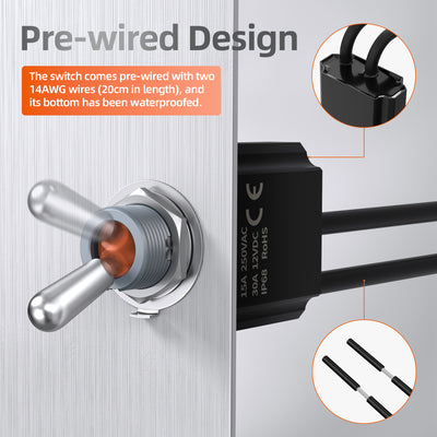 2PC IP68 Waterproof Pre-Wired Toggle Switch - 30A 12VDC SPST ON-OFF 2 Pin