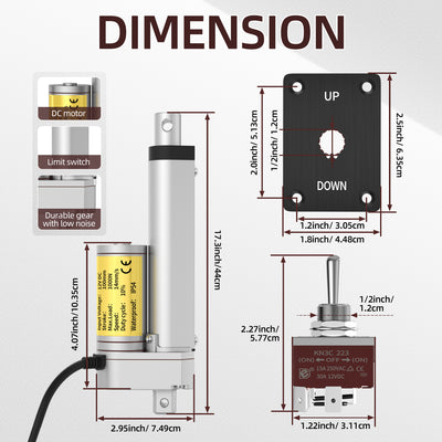 1000N/220lb 4"/100mm  Stroke 14mm/s 12V Linear Actuator with Reverse Polarity Switch Controller