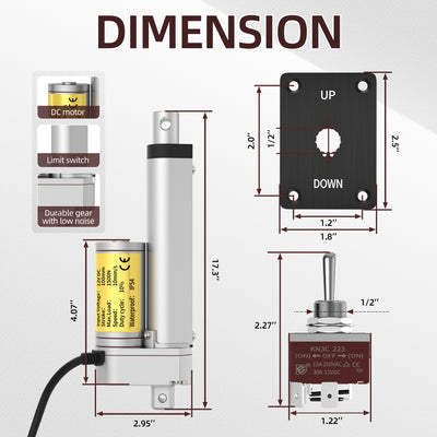 1500N/330lb 100mm/4" Stroke 10mm/s 12V Linear Actuator with Reverse Polarity Switch