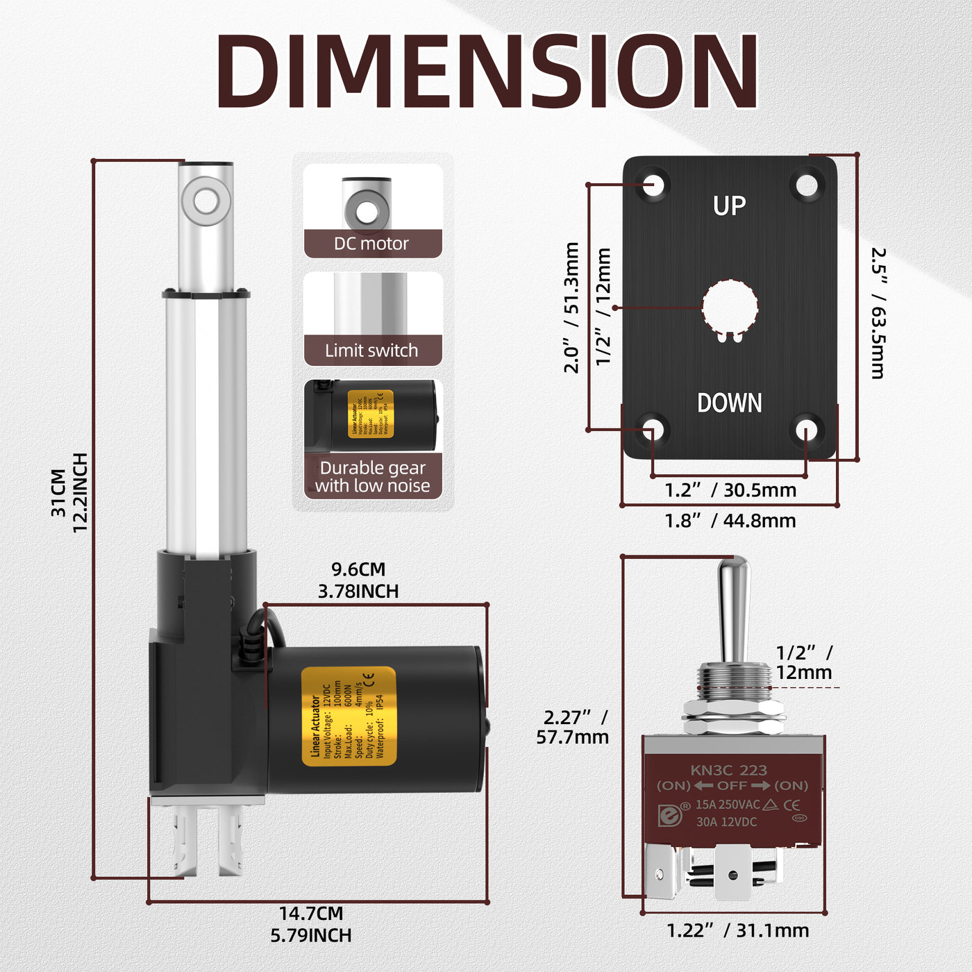 6000N/1320lb 100mm/4" Stroke 4mm/s 12V Linear Actuator with Switch Controller